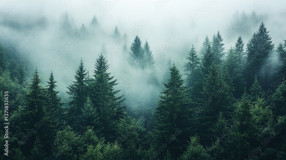 Fototapeta premium Enigmatic Fog-Shrouded Coniferous Forest