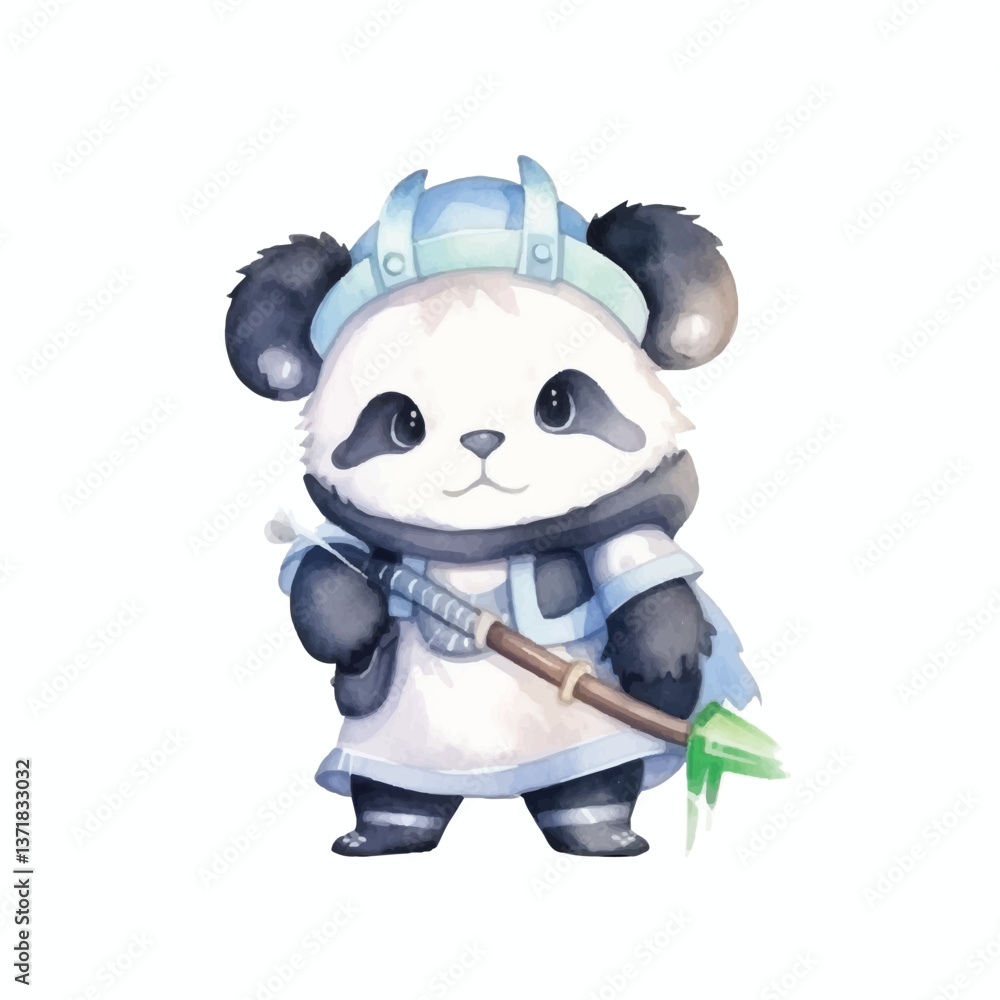 Naklejka premium panda samurai with katana sword cute watercolors illustration on white background