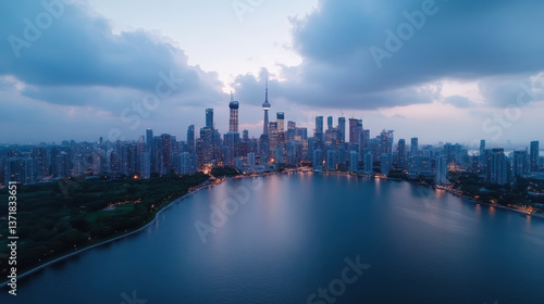 Wallpaper Mural stunning aerial view of city skyline dusk, showcasing modern architecture and serene waterfront Torontodigital.ca