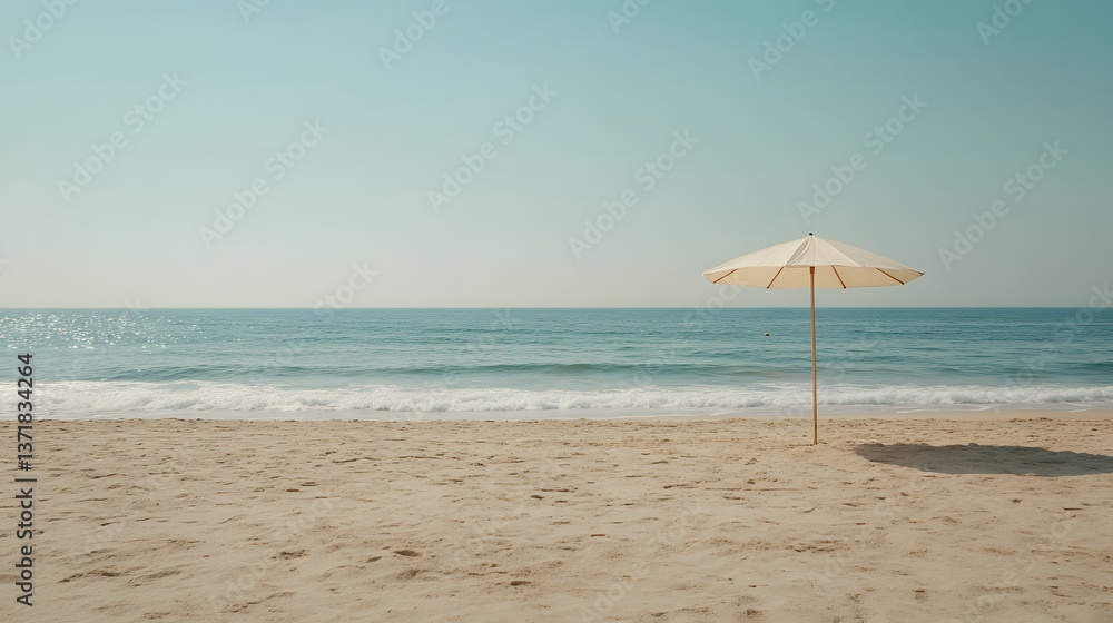 Fototapeta premium Serene Beach Scene Sandy Shore with Single Beach Umbrella and Calm Ocean Waves