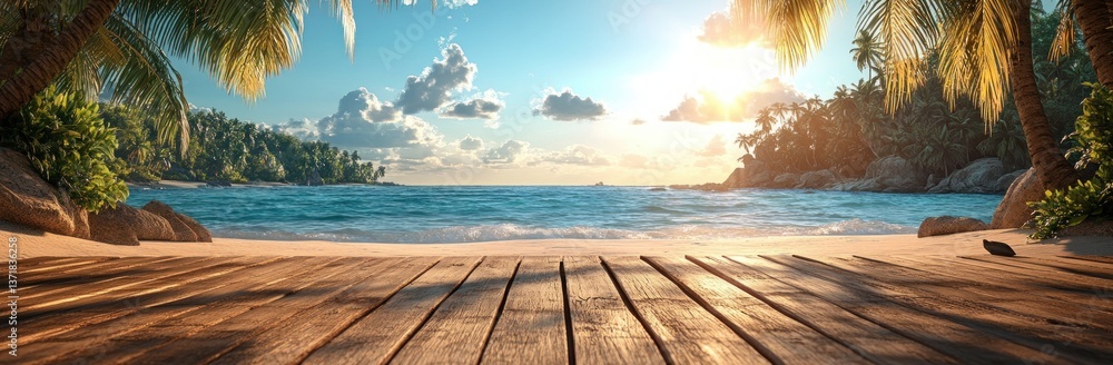 Serene Tropical Beach Scene with Wooden Deck and Soft Pastel Colors for Summer Vacation Display Serene Tropical Beach Scene with Wooden Deck and Soft Pastel Colors for Summer Vacation Display