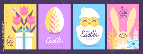 Set of holiday flat Easter posters with rabbit ears, Easter eggs, chicken, willow branch and flowers. Vector illustration