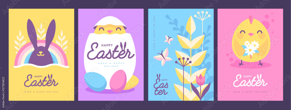 Fototapeta premium Set of holiday flat Easter posters with rabbit ears, Easter eggs, chicken, willow branch and flowers. Vector illustration