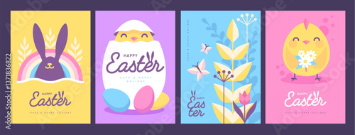 Set of holiday flat Easter posters with rabbit ears, Easter eggs, chicken, willow branch and flowers. Vector illustration
