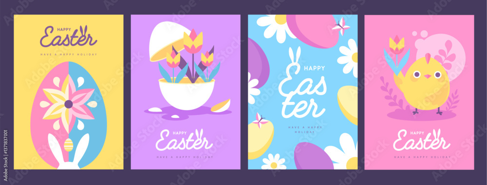 Set of holiday flat Easter posters with rabbit ears, Easter eggs, chicken, willow branch and flowers. Vector illustration Set of holiday flat Easter posters with rabbit ears, Easter eggs, chicken, willow branch and flowers. Vector illustration