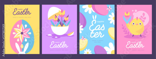 Set of holiday flat Easter posters with rabbit ears, Easter eggs, chicken, willow branch and flowers. Vector illustration