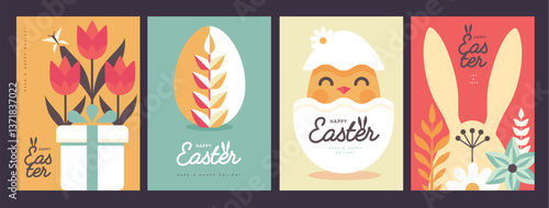 Set of holiday flat Easter posters with rabbit ears, Easter eggs, chicken, willow branch and flowers. Vector illustration