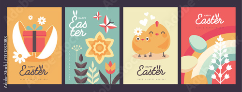 Set of holiday flat Easter posters with rabbit ears, Easter eggs, chicken, willow branch and flowers. Vector illustration