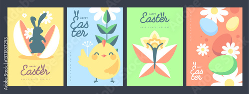Set of holiday flat Easter posters with rabbit ears, Easter eggs, chicken, willow branch and flowers. Vector illustration