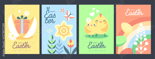Set of holiday flat Easter posters with rabbit ears, Easter eggs, chicken, willow branch and flowers. Vector illustration