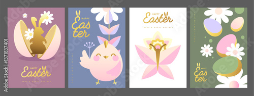 Set of holiday flat Easter posters with rabbit ears, Easter eggs, chicken, willow branch and flowers. Vector illustration