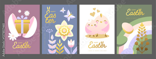 Set of holiday flat Easter posters with rabbit ears, Easter eggs, chicken, willow branch and flowers. Vector illustration
