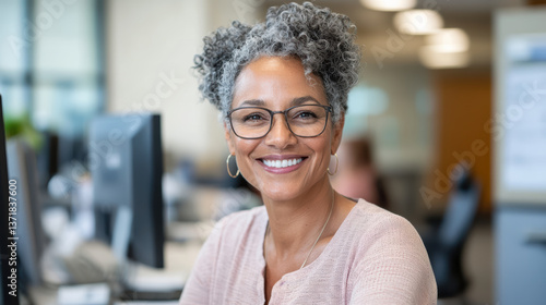 friendly bank teller smiling at customer in modern office environment