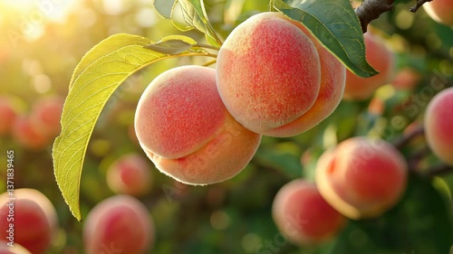 Peach harvest in a sunlit orchard during late summer with ripe fruit hanging from branches