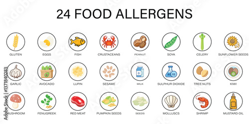Food Allergens Line Icon Set  Essential Symbols for Vegan, Gluten-Free, and Allergy-Safe Ingredients