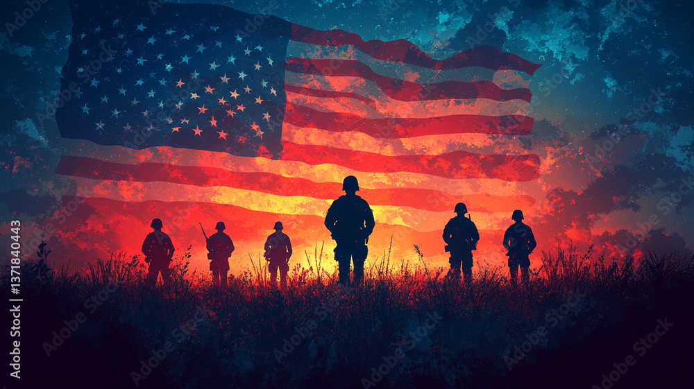 Silhouettes of soldiers against the background of an American cemetery. Silhouettes of soldiers against the background of an American cemetery.