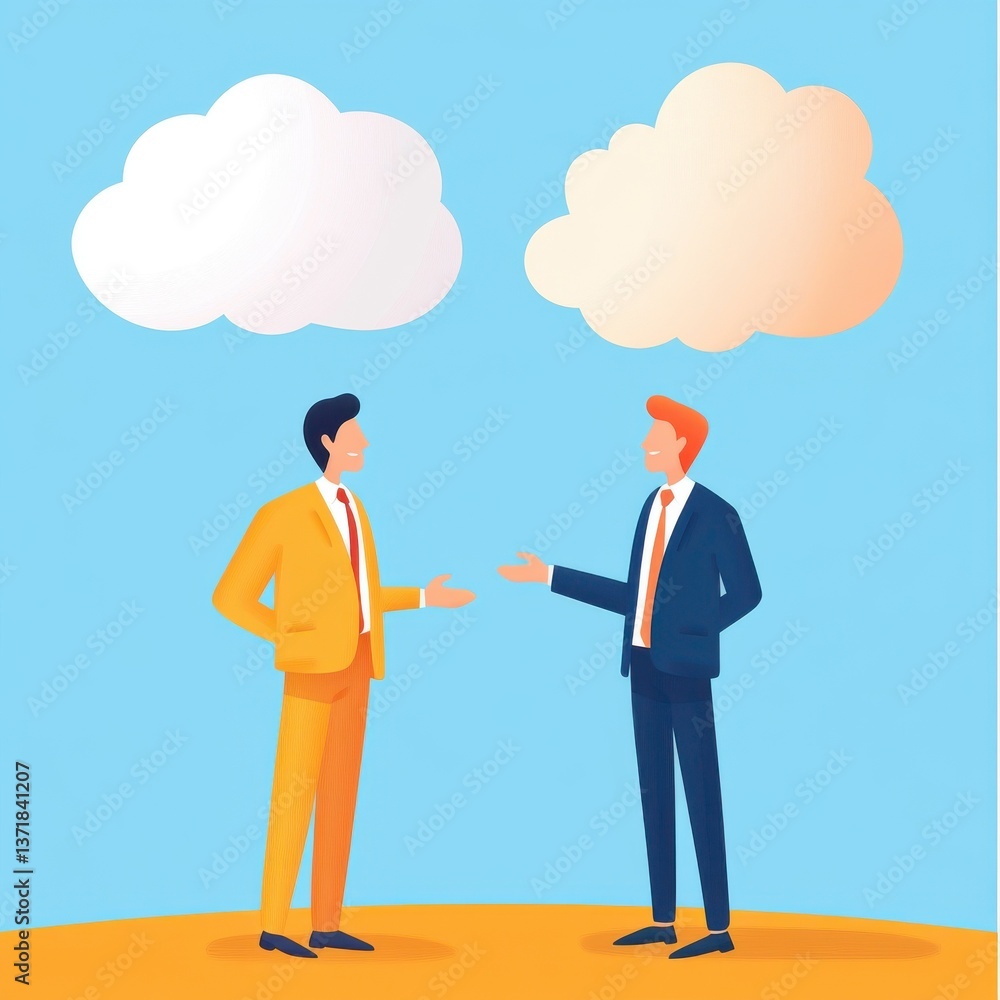 Negotiation skills for high stakes business deals. Two Businessmen Discussing Ideas Under Thought Clouds Negotiation skills for high stakes business deals. Two Businessmen Discussing Ideas Under Thought Clouds