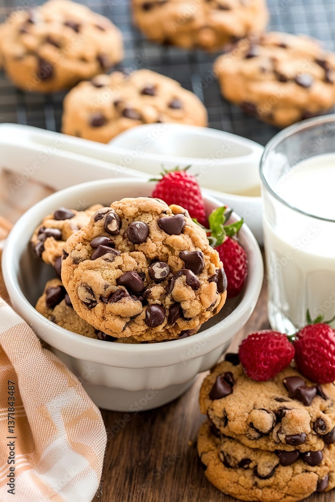 Chocolate chip cookies with milk in a bowl Chocolate chip cookies with milk in a bowl