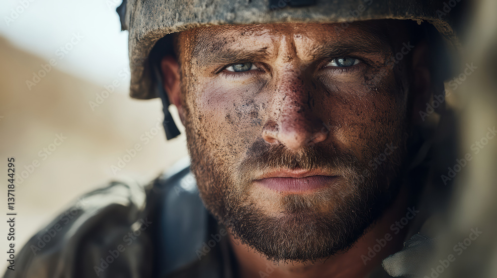 Intense soldier portrait with striking blue eyes and dirt face, showcasing resilience and Intense soldier portrait with striking blue eyes and dirt face, showcasing resilience and