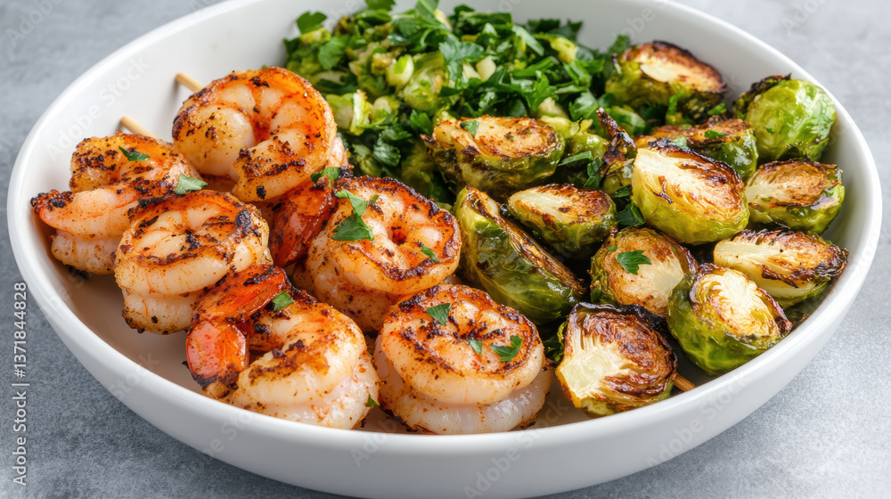 Grilled shrimp skewers served with Brussels sprouts and fresh herbs create delicious meal Grilled shrimp skewers served with Brussels sprouts and fresh herbs create delicious meal