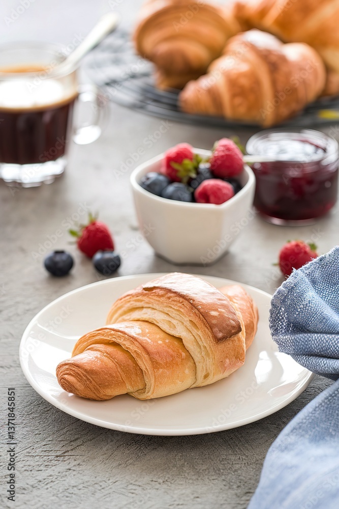 Fresh summer breakfast with croissants, coffee and berry jam Fresh summer breakfast with croissants, coffee and berry jam