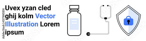 Medicine bottle, IV bag with tubing, and shield with lock icon promoting medical security. Ideal for healthcare, safety, data protection, cybersecurity, pharmaceutical, insurance flat landing page