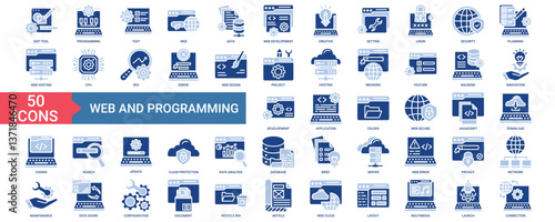 Web And Programming icon collection set. Containing edit tool, programming, test, web, data, development, creative, setting, login, security icon. Simple vector