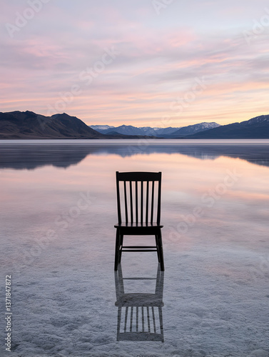 Solitary Chair in Calm Lake at Sunset