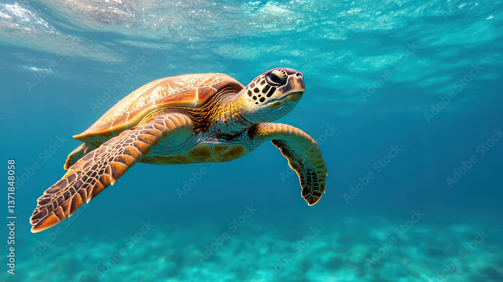 Obraz premium Majestic sea turtle gliding gracefully through clear blue waters, showcasing its beauty