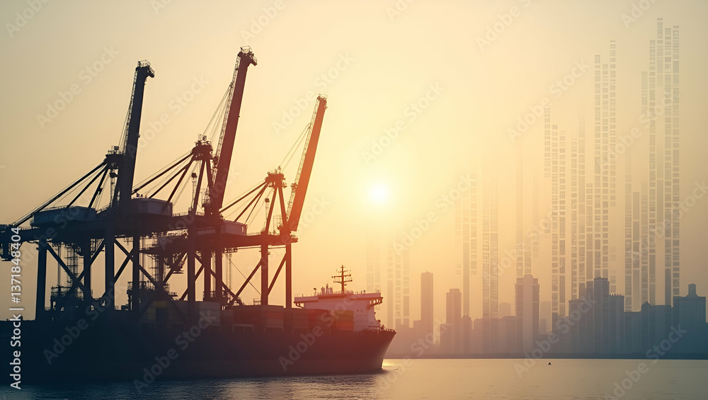 Photo realistic double exposure of a port crane silhouette and a budget chart symbolizing capital investment in logistics, with ample copy space for text. Photo realistic double exposure of a port crane silhouette and a budget chart symbolizing capital investment in logistics, with ample copy space for text.