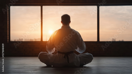 martial artist meditating in dojo at sunset, embodying peace and focus