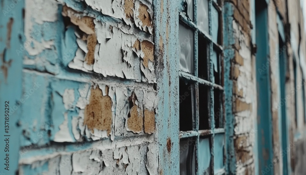Weathered Brick Wall With Peeling Paint And Rusty Window Frame Weathered Brick Wall With Peeling Paint And Rusty Window Frame