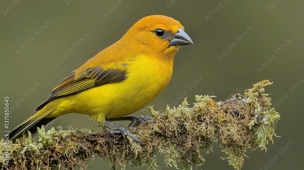 Vibrant Yellow Bird Perched on Moss-Covered Branch Vibrant Yellow Bird Perched on Moss-Covered Branch