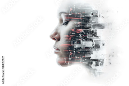 A sci-fi-inspired AI portrait disintegrating into digital fragments and cyber particles.