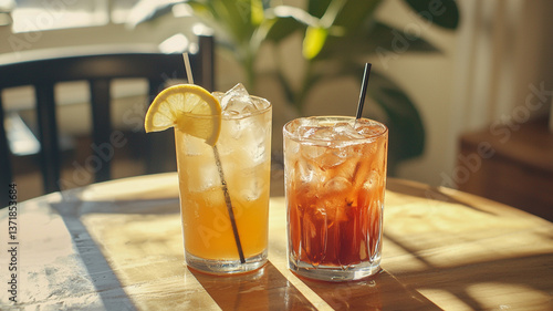 close up cold glass of iced tea and lemonade on a sunny table in home interior, iced tea beveraged photography, drinks menu style photo image