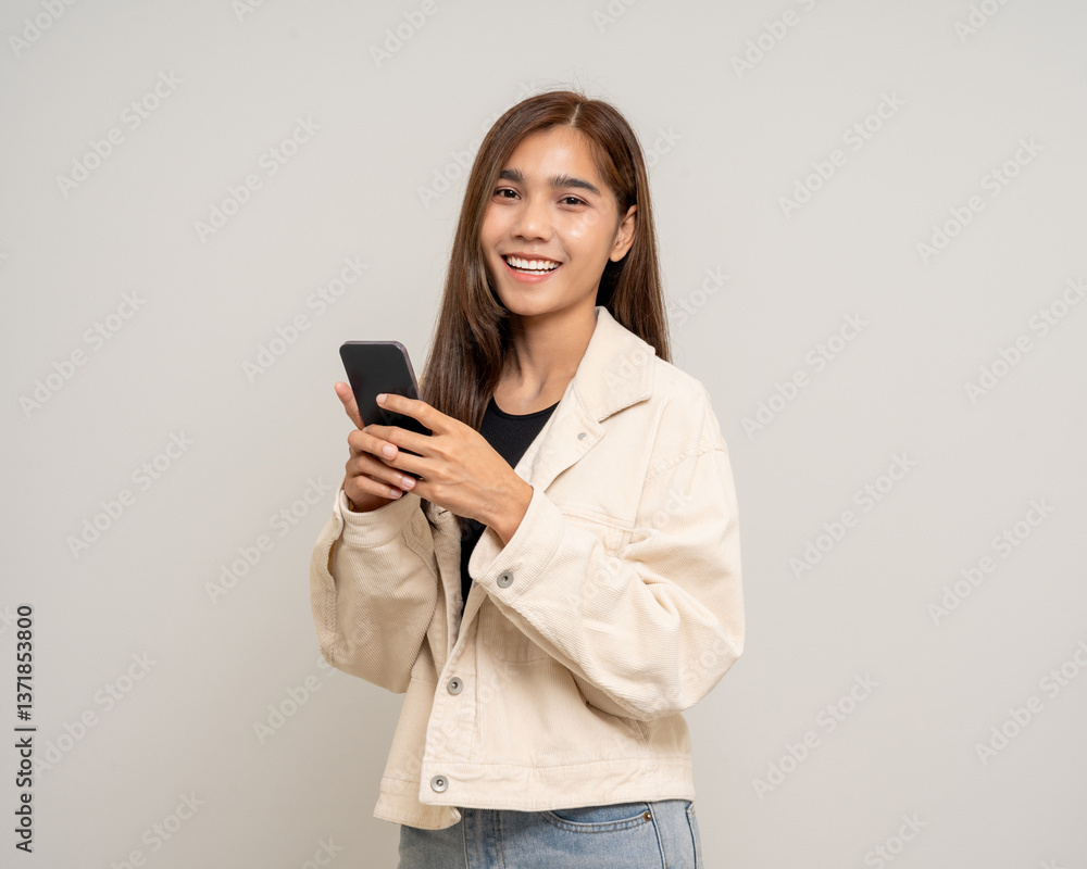 Pretty young asian woman using cellphone standing on isolated white background. Happy Excited Beautiful young asian shopping online payment with mobile phone. Playing game on smartphone Pretty young asian woman using cellphone standing on isolated white background. Happy Excited Beautiful young asian shopping online payment with mobile phone. Playing game on smartphone