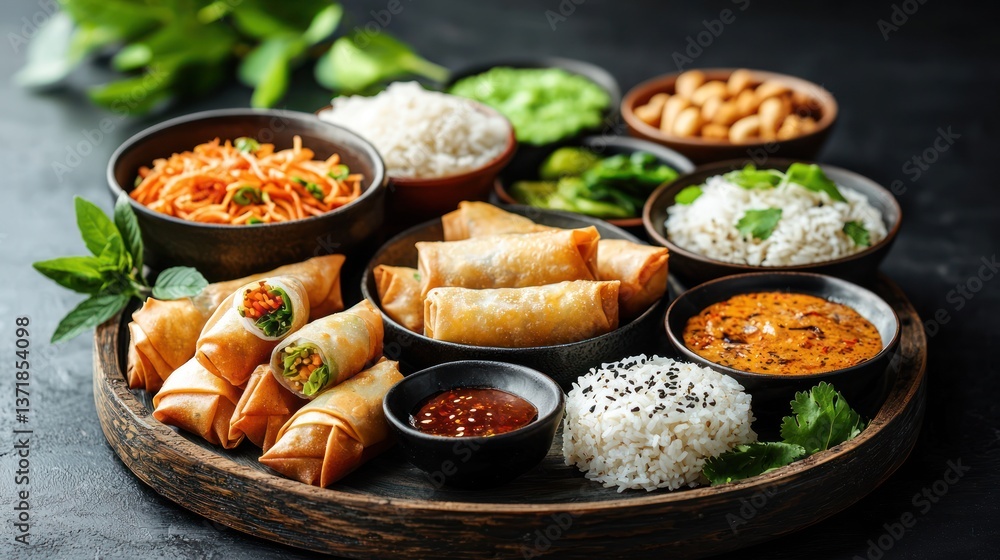 Assorted Asian Dishes on Wooden Tray Assorted Asian Dishes on Wooden Tray