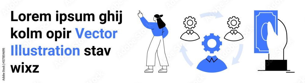 Fototapeta premium Person presenting, flowchart with gear and arrows, hand tapping device. Ideal for teamwork, automation, process, organization, fintech, service integration simple landing page