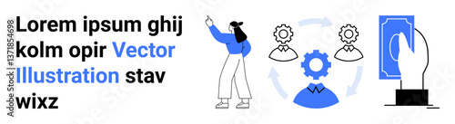 Person presenting, flowchart with gear and arrows, hand tapping device. Ideal for teamwork, automation, process, organization, fintech, service integration simple landing page