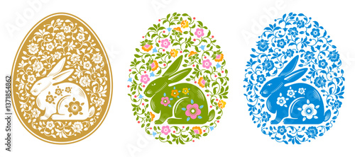 Easter celebration design element in vintage classic elegant style. Easter egg painted with floral motifs, swirls and with rabbit. For banner, greeting cards, postcards print etc. Vector illustration 