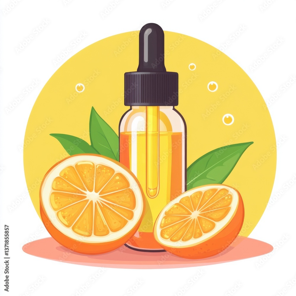 Beauty and skincare Flat Art Style Icon. Orange Essential Oil Bottle with Slices and Leaves Beauty and skincare Flat Art Style Icon. Orange Essential Oil Bottle with Slices and Leaves