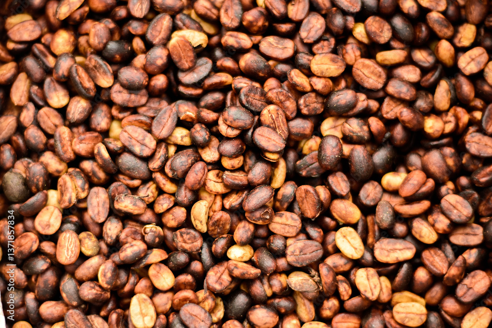 Fototapeta premium In the honey process, coffee beans are dried under the sun. As the pulp and mucilage ferment, they give the beans a yellowish-brown color.