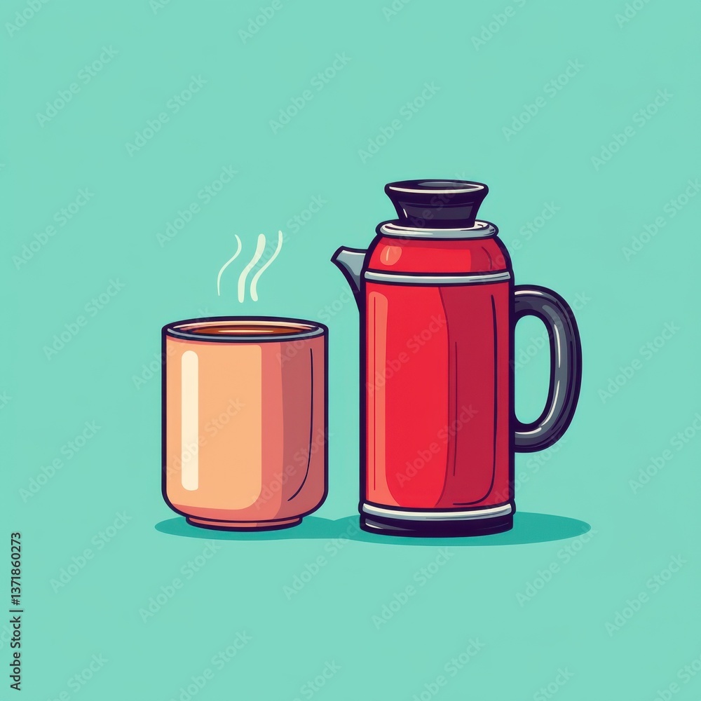 Fototapeta premium Camping and outdoor adventure. Pixel Art Illustration of Red Thermos and Orange Mug on Teal Background