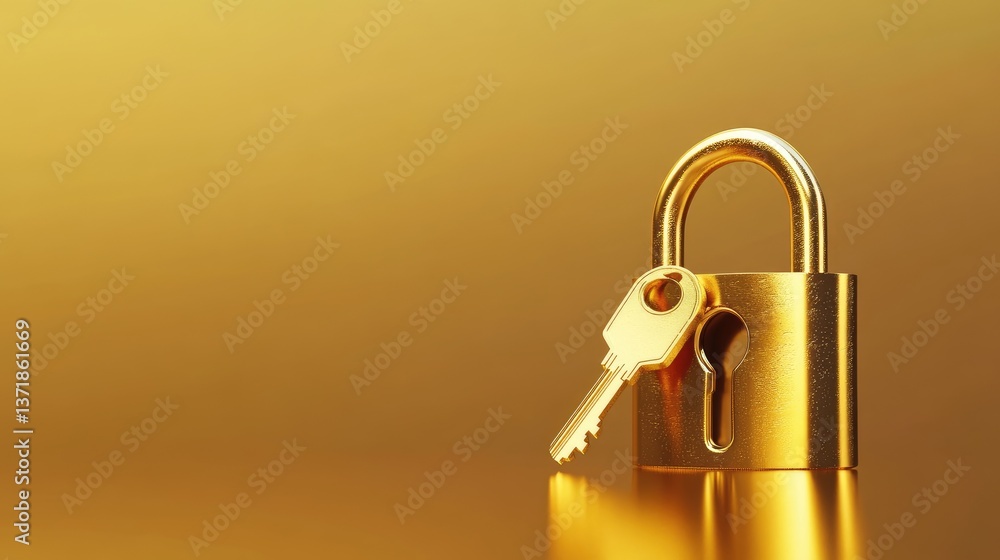 Golden padlock with key on a reflective surface against a shimmering gold background symbolizing security and protection