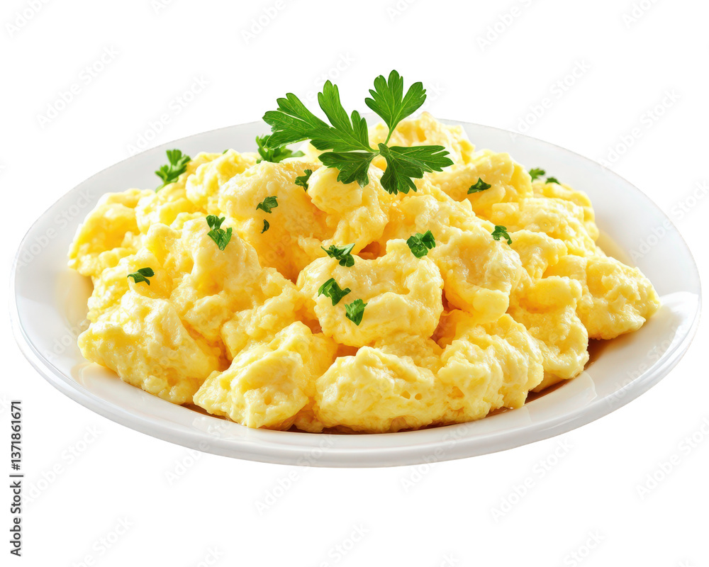 Creamy scrambled eggs garnished with fresh herbs on white plate, perfect for breakfast or brunch. Enjoy rich texture and vibrant color of this delicious dish Creamy scrambled eggs garnished with fresh herbs on white plate, perfect for breakfast or brunch. Enjoy rich texture and vibrant color of this delicious dish