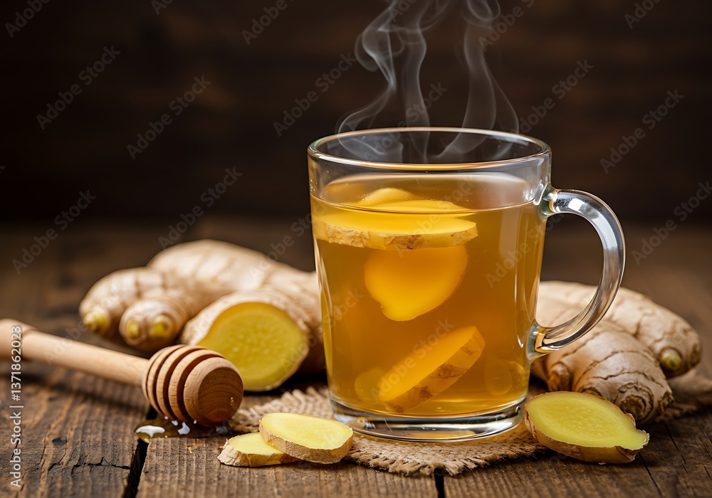 Steaming Ginger Tea in a Clear Glass Mug with Honey and Ginger Root Steaming Ginger Tea in a Clear Glass Mug with Honey and Ginger Root