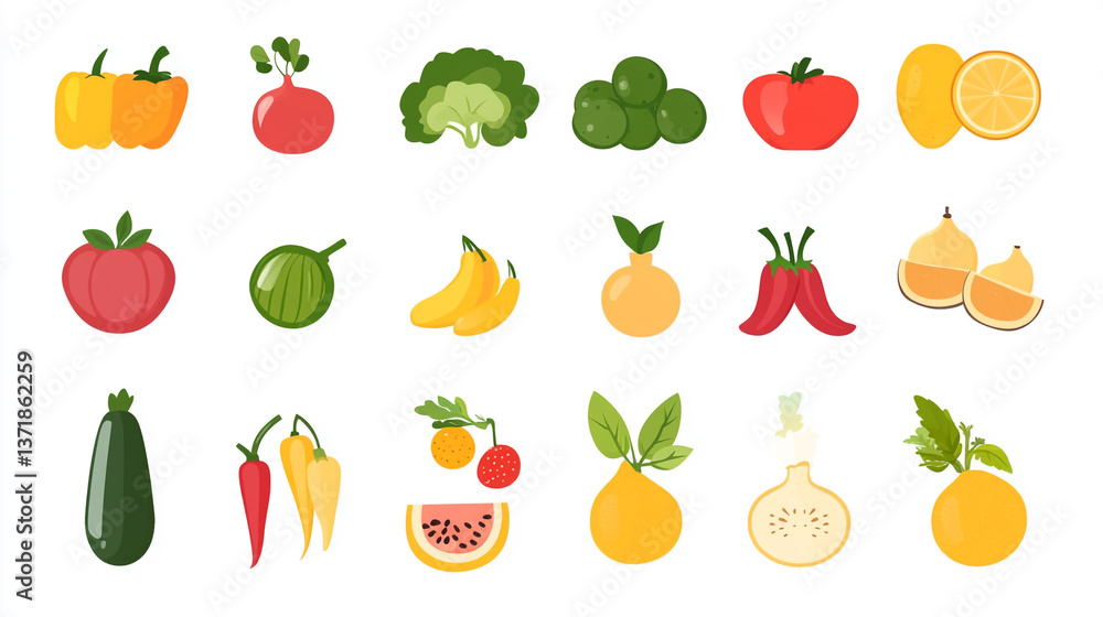 A collection of various cartoon styled fruits and vegetables arranged on a white background surface A collection of various cartoon styled fruits and vegetables arranged on a white background surface