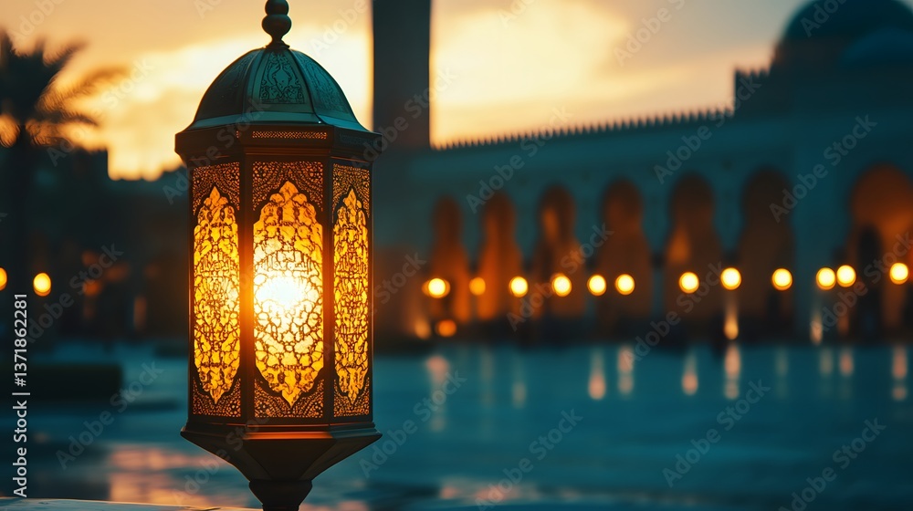 Ornate lantern glows at mosque at sunset Ornate lantern glows at mosque at sunset
