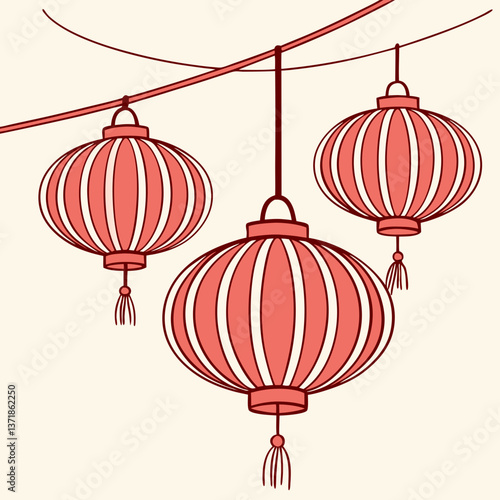 Three red paper lanterns hanging from wires stock illustration