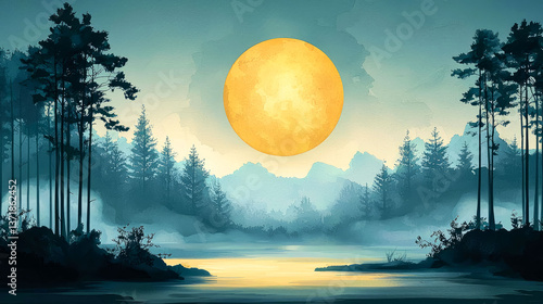 Serene Lake, Misty Forest, and Golden Moon: A Tranquil Landscape
